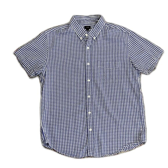 J. Crew Royal Blue White Gingham Check Seersucker SS Buttondown Shirt Sz L - Picture 2 of 16